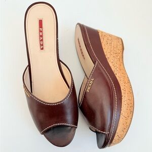 Prada Brown Leather logo peep toe cork Wedge high heel sandals EU 39 US 9